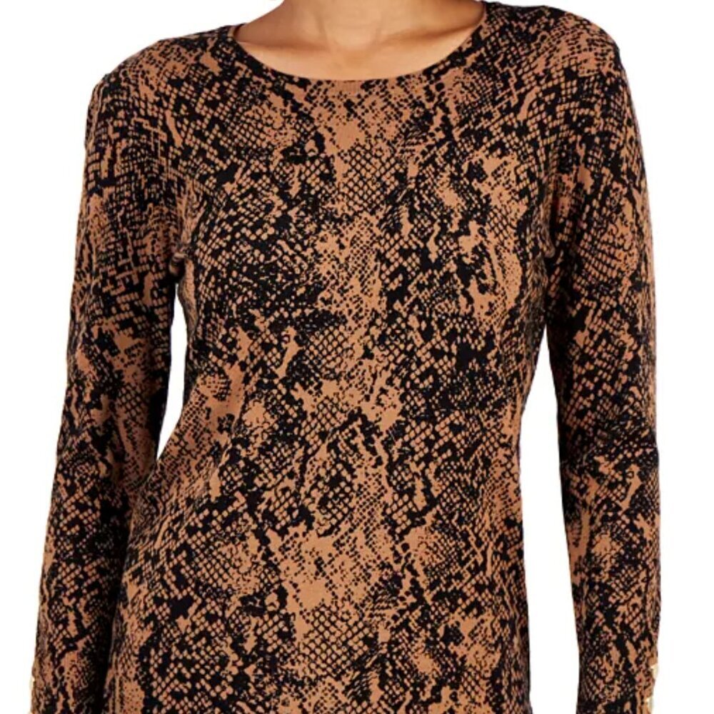 JM Collection Women's Crewneck Petite Python-Print Buttoned-Cuff Sweater Sz P/M